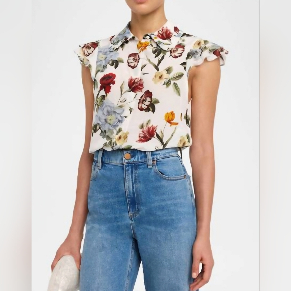 ALICE + OLIVIA martel flutter sleeve blouse in provence floral M
